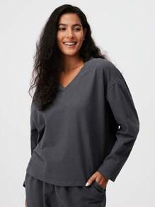 LUVLETTE 柔软棉质薄绒长款V领女士睡衣家居服套装，可作睡衣外穿，秋季睡衣 - 深灰色 - 查看 5