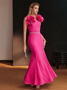 MOTF Soiréza BIG STEREO FLOWER DETAIL CONTRAST MESH YOKE MERMAID HEM FORMAL DRESS