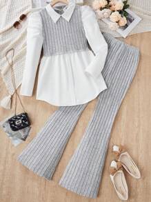 2pcs/Set Teen Girls Ribbed Shirt And Ribbed Elastic Waist Flare Pants - Grey - View 5