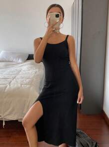 DAZY 女士纯色开衩针织无袖吊带连衣裙，黑色，秋季女装毛衣连衣裙长款连衣裙 - 黑色 - 查看 4