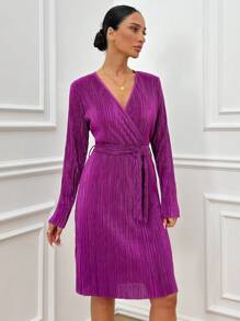RueChic Elegant Style, Pleated Satin Quality, Wrap Neck Detailed, Belted Midi Dress
