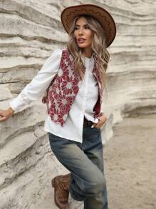 GENKIRA Chaleco/chaqueta de cuello redondo con decoración de bordado y bloques de color en un estilo elegante y aleatorio para el diario - Burdeos - Ver 4