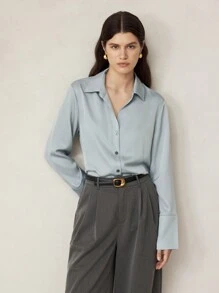 BizChic Blusa elegante in raso da donna per l'ufficio, camicia con colletto, abbigliamento da lavoro, top basic autunnale per outfit da donna - Grigio - Visualizzare 9