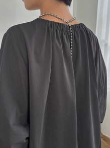 FRIFUL 女式夏季宽松休闲纯色圆领蝙蝠袖 T 恤，荷叶边 - 深灰色 - 查看 6