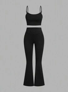 SHEIN Essnce Bộ 3 món quần áo thể thao nhẹ thường ngày cho nữ mùa thu năm 2024, du lịch ngoài trời, đạp xe, áo ba lỗ, quần bó và áo sơ mi - Đen và trắng - Xem 3