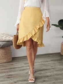 SHEIN LUNE 纯色交叉裹身荷叶边下摆休闲牛仔半身裙 - 黃色 - 查看 6