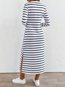 SHEIN LUNE Women's Striped Casual Split Dress Fall Cloth For Women - Black and White - View 2
