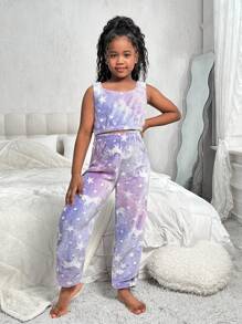 SHEIN 2 piezas Conjunto de parte superior sin mangas y pantalón de estar en casa con estampado animal de diseño sencillo de polar para niñas preadolescentes, otoño/invierno