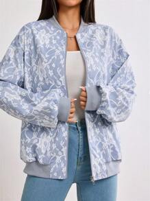 Seusyu Women's Lace Pattern Zipper Front Long Sleeve Jacket,Fall - Blue - View 4