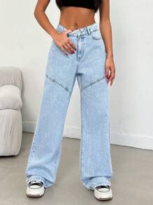SHEIN Cottnline 100% Cotton High Waist Sewing Detailed Wideleg Jean - Light Wash - View 6