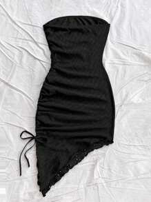 Soleia Women's White Textured Strapless Asymmetrical Hem Tie-Front Mini Dress, Suitable For Vacation, Wedding Season, Afternoon Tea, Layering In Fall/Winter - Black - View 2