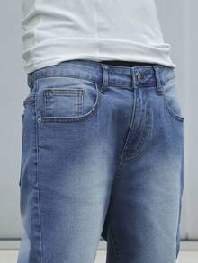 Manfinity Homme 男士简约前扣口袋休闲牛仔短裤 - 中等水洗藍 - 查看 7