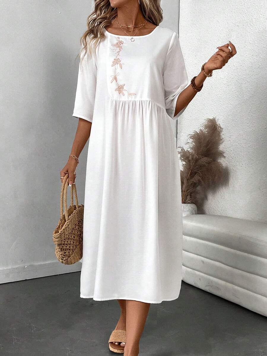 EMERY ROSE 女士純色簡約刺繡日常夏季度假連身裙