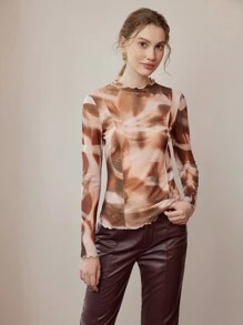 MOTF PREMIUM Áo lưới in họa tiết rau diếp toàn bộ, nửa trong suốt - Cà phê nâu - Xem 4