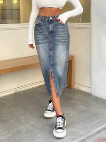 EURMUSE 100% Cotton WOMEN MID WAIST SLASH DETAIL MIDI SKIRT - Medium Wash - View 3