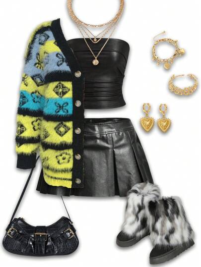 Slaydiva 秋冬款休閒優雅V領長袖露肩彩虹色條紋大名貼花紋中碼仿貂毛針織開衫女裝-A