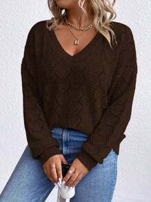 EMERY ROSE Suéter holgado de manga larga con cuello en V y hombros caídos, estilo suelto para mujer de talla grande, para otoño/invierno, jersey de punto - Marrón - Ver 4