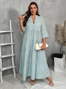 SHEIN LUNE Đầm suông rộng rãi, thường ngày, cổ chữ V, tay áo 3/4, họa tiết kẻ caro cỡ lớn cho nữ mùa hè - Màu xanh Bạc hà - Xem 5