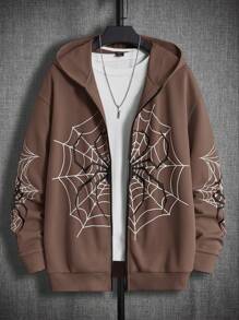 Manfinity RebelGame Áo Hoodie Nam In Hình Mạng Nhện Có Khóa Kéo Không Có Áo Thun - Cà phê nâu - Xem 1