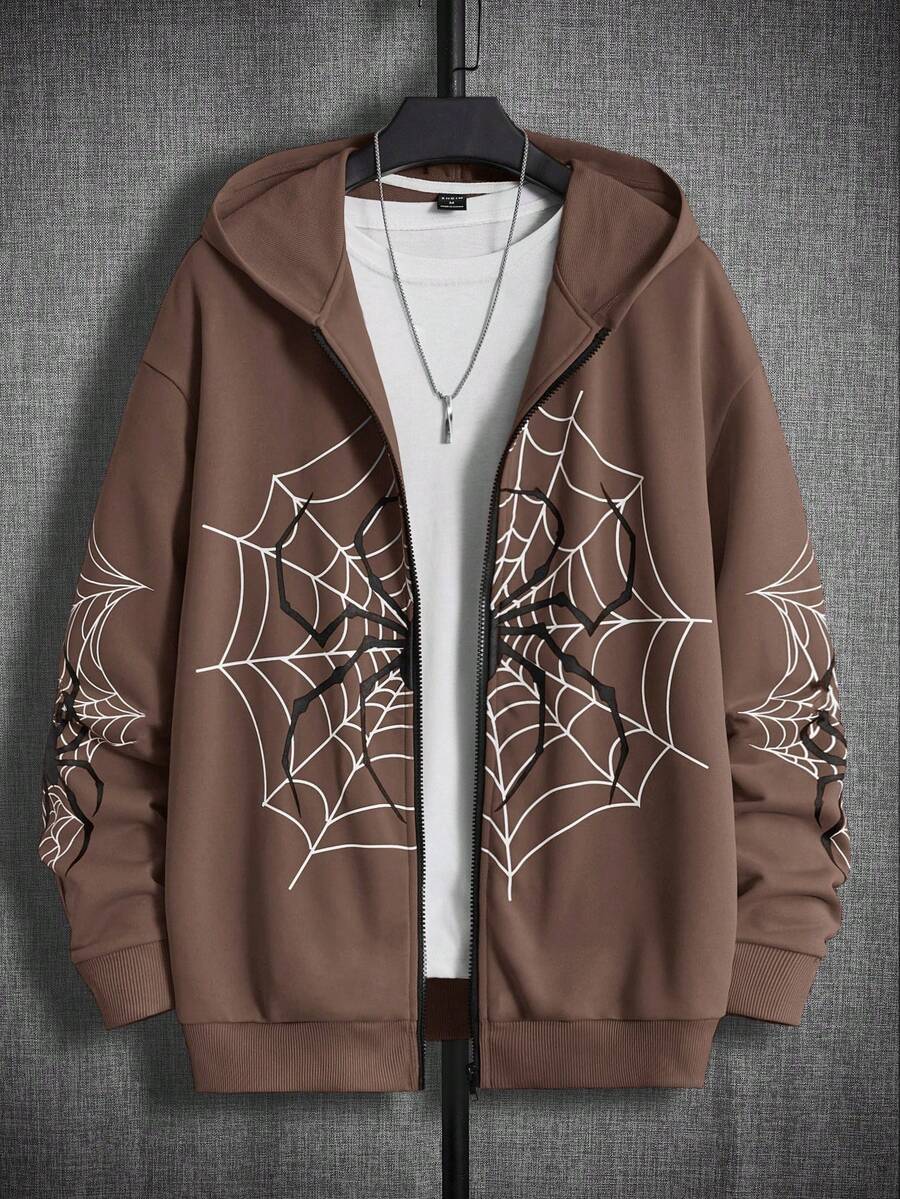 Manfinity RebelGame Áo Hoodie Nam In Hình Mạng Nhện Có Khóa Kéo Không Có Áo Thun - Cà phê nâu - Xem 1