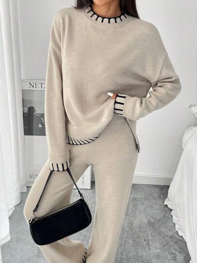 Pariaura 2 件套女士优雅宽松撞色针织毛衣套装，长袖圆领上衣和裤子套装，适合秋季