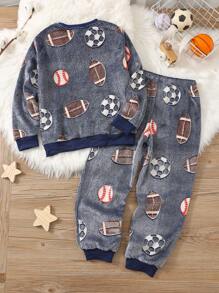 SHEIN 2pcs Tween Boy Cartoon Football Pattern Glow-In-The-Dark Ribbed Collar Long Sleeve Pajama Set, Autumn/Winter - Navy Blue - View 4