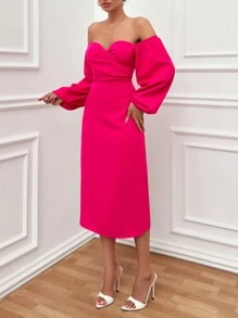 RueChic 时尚露肩袖长裙纯色 - 粉色 - 查看 3