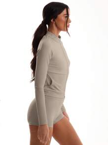 Musera Sport 女式纯色休闲拉链长袖运动夹克，适合板网球、网球、泡菜球健身房健身 - 卡其色 - 查看 3