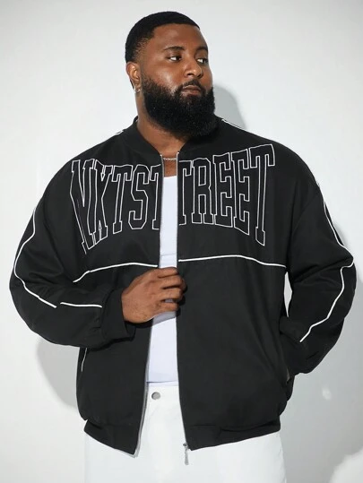 Manfinity VCAY Plus Size Men's Casual Woven Embroidered Letter Loose Drop Shoulder Baseball Collar Jacket Outwear, Suitable For Autumn, For Fall Winter