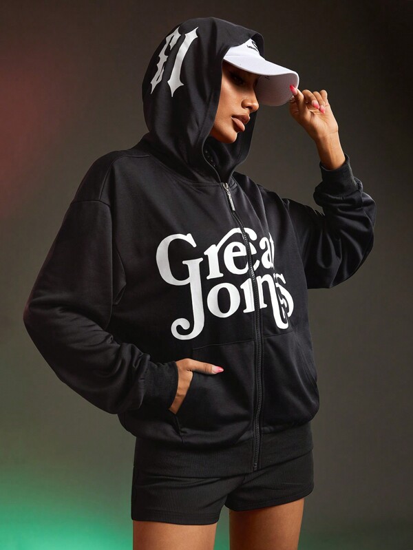 Streetz SHEIN Sport Chaqueta deportiva con capucha con cremallera, de manga larga, hombros caídos, estampado de letras casual negro para mujeres