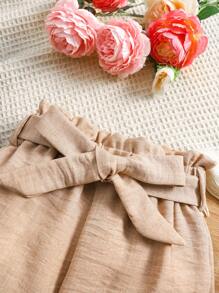 SHEIN Vintaside Kids 年轻女孩休闲纯色纸袋腰长裤 - 彩色 - 查看 4