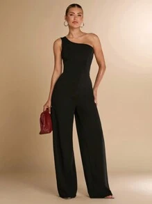 SHEIN BAE 女士纯黑色和黑白露肩紧身连体裤，带 3D 花卉装饰，优雅适合鸡尾酒会、浪漫约会、秋冬打底衫、派对、万圣节、圣诞节优雅女士外出装，不对称肩部连体裤，阔腿连体裤，适合休闲约会、派对、秋季活动女士夏季服装/春季服装/情人节服装/狂欢节/海滩度假服装 - 黑色 - 查看 5