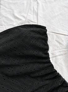 Soleia Women's White Textured Strapless Asymmetrical Hem Tie-Front Mini Dress, Suitable For Vacation, Wedding Season, Afternoon Tea, Layering In Fall/Winter - Black - View 4