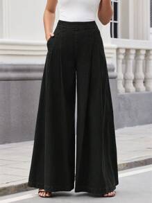 SHEIN Essnce Women's Fashionable Solid Color Wide Leg Jeans