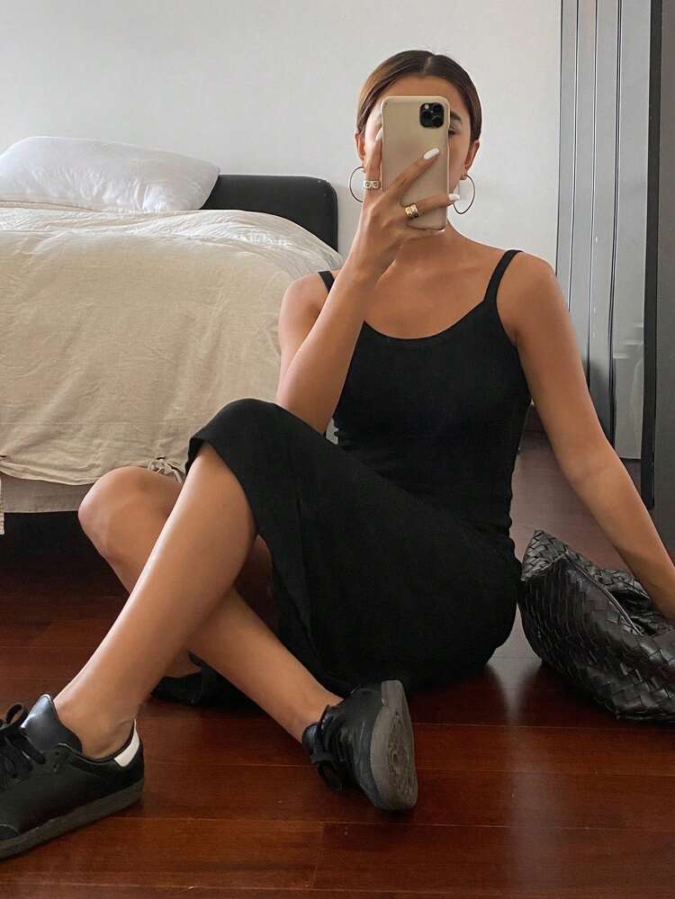 Women's Solid Color Slit Knitted Sleeveless Cami Dress, Black Clothes,Fall Clothes Women Sweater Dresses Maxi Dress