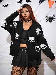 SHEIN CURVE+ 大码休闲朋克黑暗万圣节骷髅针织开衫 - 黑色 - 查看 5