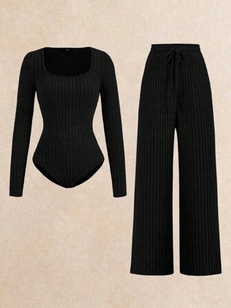 Poéselle 2st Rib Bodysuit & Byx Set, Comfy Loungewear Workout Set, Tracksuit, Casual Style, Långärmad Body och Vida Ben Byxor, Autumn Winter Basic Essential, Baggy Byxor, Långärmad, Vinterkläder