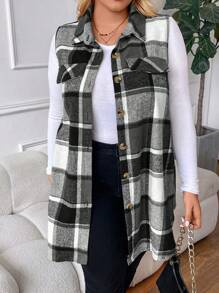 SHEIN CURVE+ Plus Size Plaid Print Flap Detail Sleeveless Buttoned Casual Coat