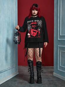 ANNABELLE x SHEIN 大码女式哥特式休闲落肩圆领蜘蛛网恐怖印花黑色长袖 T 恤，秋季，万圣节 - 黑色 - 查看 4