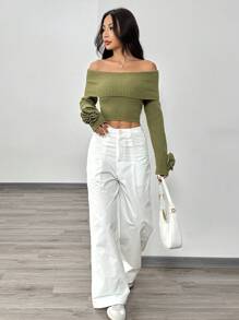 Chiquease Suéter informal y elegante para damas con manga larga descubierta del hombro y flor 3D