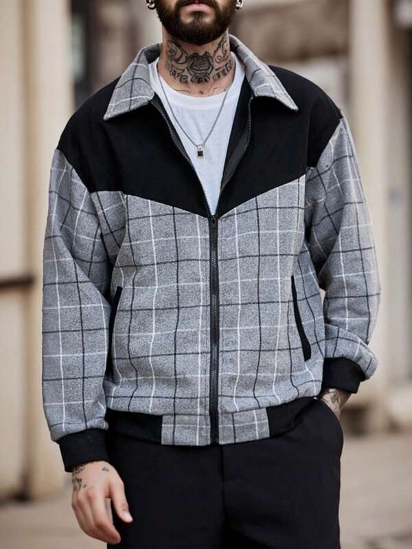 Manfinity RelaxMax Chaqueta casual con cremallera de manga larga a cuadros para hombre, primavera/otoño