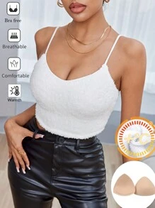 SHEIN Essnce Áo ba lỗ lông cừu màu trơn thường ngày cho nữ mùa thu Áo ba lỗ hở lưng ôm vừa vặn, đệm ngực bó sát, áo ba lỗ cơ bản, áo nữ, áo ba lỗ không cần áo ngực, quần áo mùa thu cho nữ - trắng - Xem 7