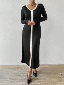 Chiquease V-Neck Long Sleeve Color Block Patchwork High Split Casual Dress - Black - View 1