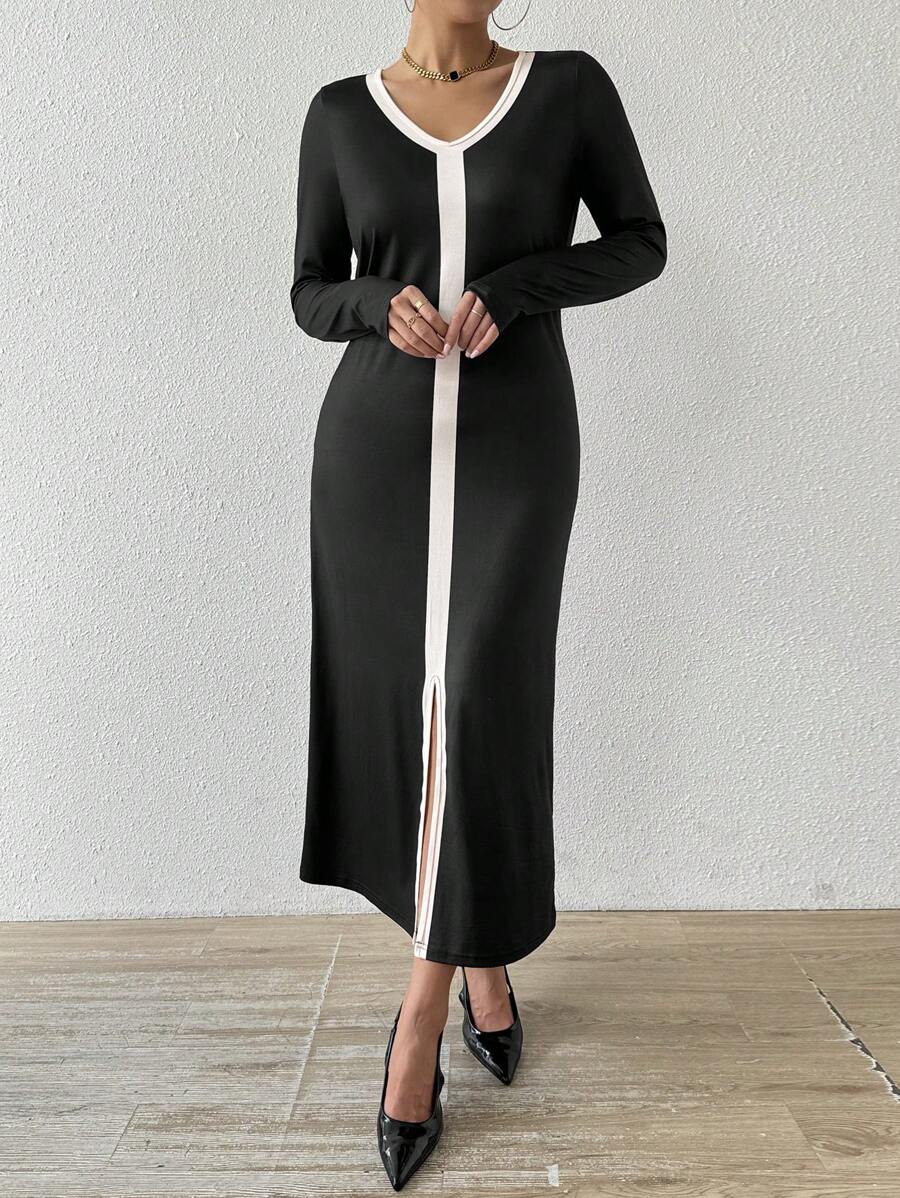 Chiquease V-Neck Long Sleeve Color Block Patchwork High Split Casual Dress - Black - View 1