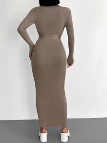 EURMUSE Women`S Elegant Solid Color Slim Fit Sweater Dress, Spring & Autumn - Mocha Brown - View 4