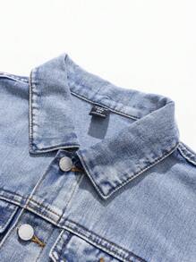 SHEIN Tween Boys Distressed Plaid Patchwork Denim Blue Jacket,For Back To School Clothes And Fall Clothes - Multicolor - View 5