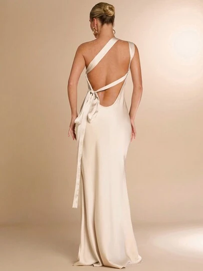 SHEIN BAE Women's Apricot Satin Asymmetric Shoulder Hollow Tie Backless Dress, Suitable For Party, Cocktail, Formal Occasion, Romantic Date, Wedding Bridesmaid, Fall/Winter