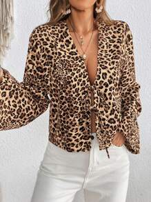 SHEIN VCAY Women's Regular Fit Leopard Print Long Sleeve Vacation Shirt - Multicolor - View 4