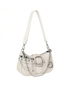 ROMWE Kawaii New Sexy Women Crossbody Bag With Chain Decor, Punk Motorcycle Ladies Crossbody Bag, Dark Cute Girl Handbag