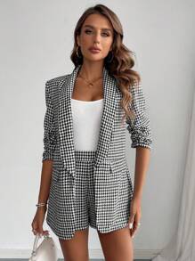 Firerie Women's Spring/Fall Houndstooth Print Ruched Collar Half Sleeve Blazer And Shorts Casual Office Suit, Winter, Business Casual, Elegant, Black And White Plaid